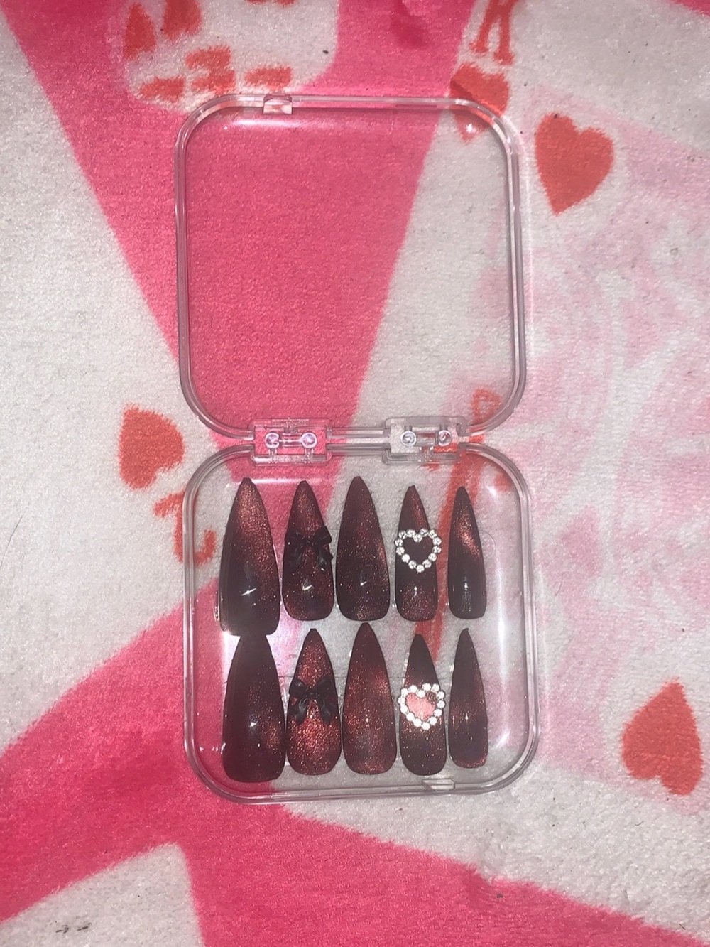 Reusable Dark Red Stiletto Press-On Nail Set with Rhinestone Hearts